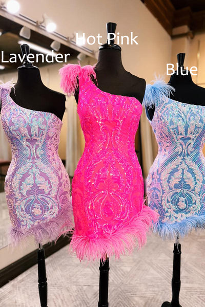 Cute Bodycon One Shoulder Hot Pink Sequins Short Homecoming Dress with Feather VL122105