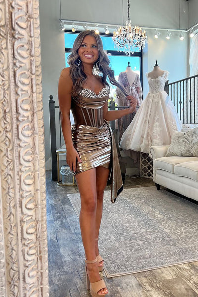 Cute Sweetheart Gold Tight Short Homecoming Dresses with Beading VL24092710
