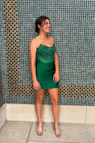 Cute Scoop Neck Dark Green Tight Homecoming Dresses with Beading VL24092709