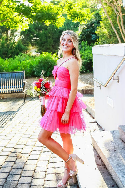 Cute A Line Straps Hot Pink Tiered Tulle Short Homecoming Dresses VL24092303
