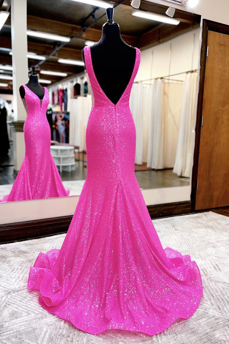 Sexy Sparkly Mermaid V Neck Sequins Long Prom Dresses, Orange Evening Dresses Y1397 main image 1