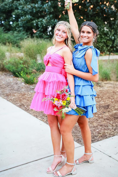 Cute A Line Straps Hot Pink Tiered Tulle Short Homecoming Dresses VL24092303