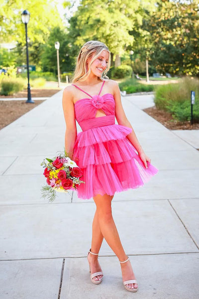 Cute A Line Straps Hot Pink Tiered Tulle Short Homecoming Dresses VL24092303