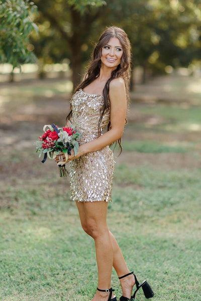 Cute Bodycon V Neck Champagne Sequins Tight Homecoming Dresses VL24092907