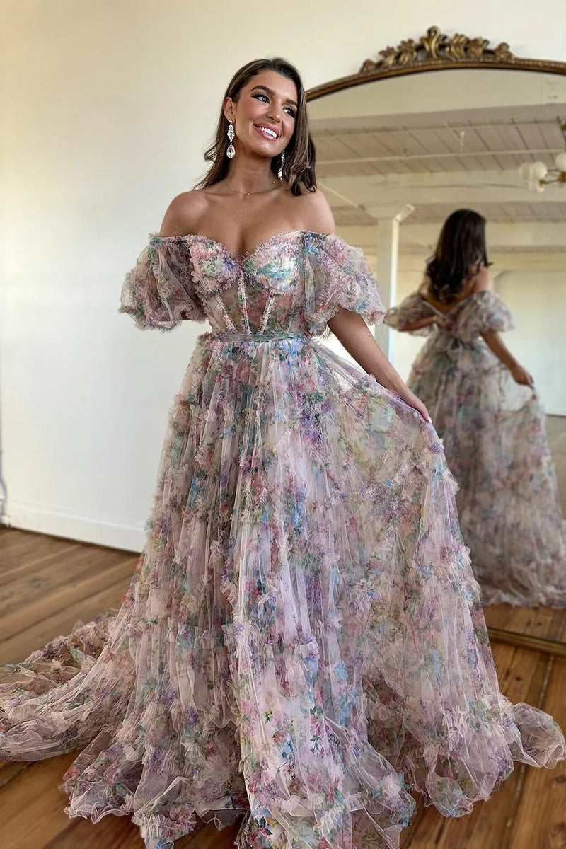 Gorgeous A Line Off the Shoulder Lilac Floral Printed Corset Prom Dress