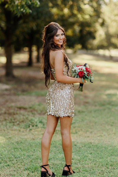Cute Bodycon V Neck Champagne Sequins Tight Homecoming Dresses VL24092907
