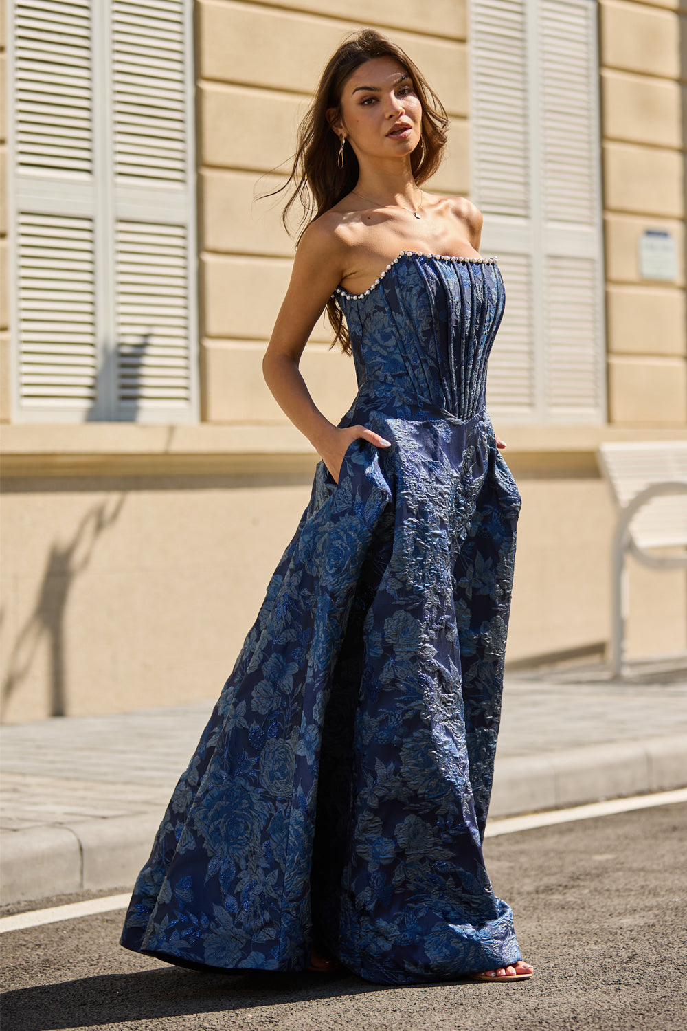 A Line Strapless Dark Navy Jacquard Satin Prom Dress with Pearls Beadi – Venlian A Line Strapless Dark Navy Jacquard Satin Prom Dress with Pearls Beadi – Venlian