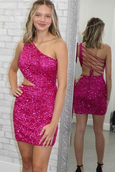 Bodycon One Shoulder Fuchsia Sequins Tight Homecoming Dresses VL24091104