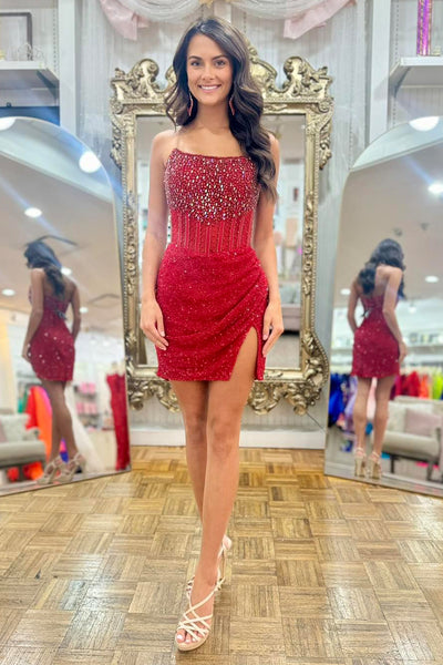 Bodycon Strapless Red Sequins Short Homecoming Dresses with Beadings VL24081205