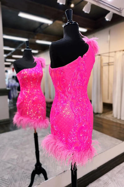 Cute Bodycon One Shoulder Hot Pink Sequins Short Homecoming Dress with Feather VL122105