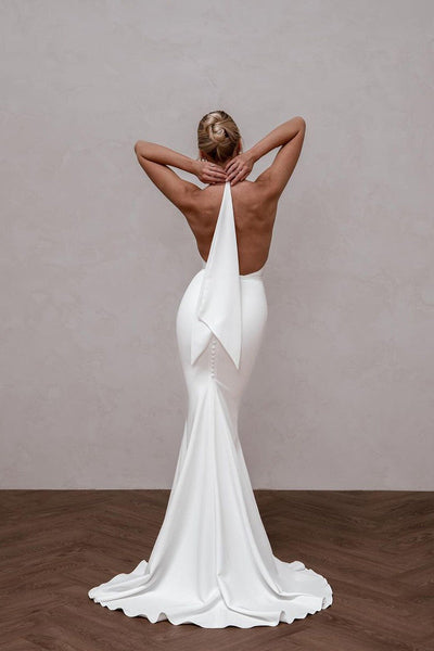 Simple Mermaid Halter Satin Long Wedding Dress VL062401