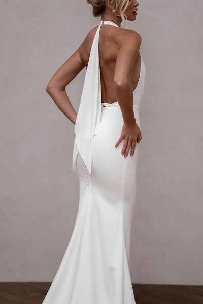 Simple Mermaid Halter Satin Long Wedding Dress VL062401