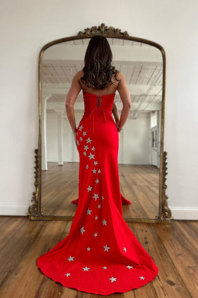 Cute Mermaid Strapless Red Satin Long Prom Dress with Beading VL12233