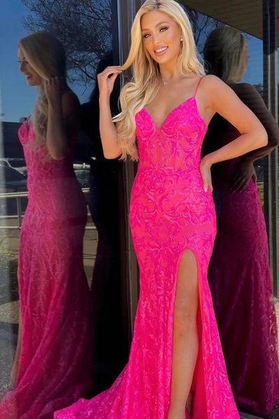 Orange Spaghetti Straps Sequin Lace Mermaid Prom Dress VL011231