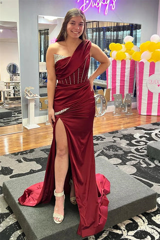 Burgundy One Shoulder Beaded Satin Long Prom Dress with Slit VL011620