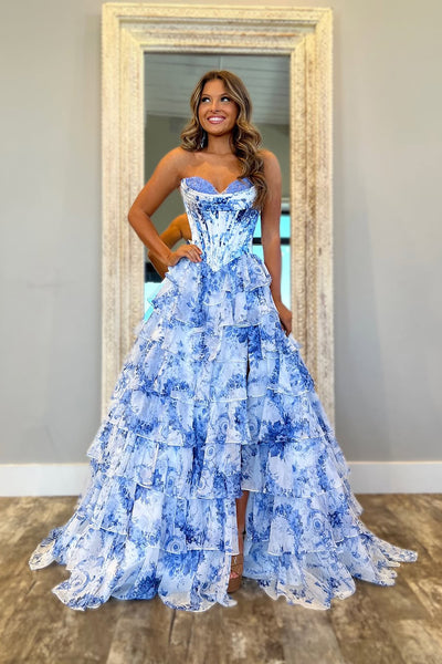 Cute A Line Sweetheart Blue White Floral Chiffon Prom Dress with Slit VL25011305