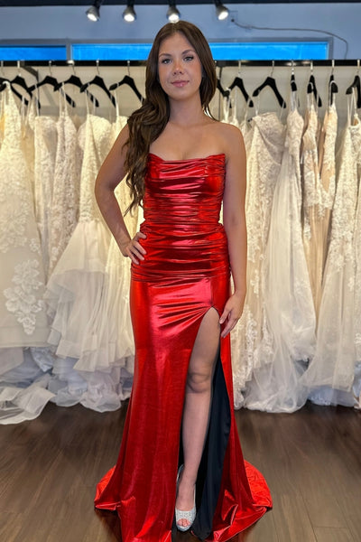 Charming Mermaid Sweetheart Red Satin Slit Prom Dresses VL24120904