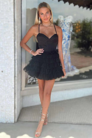 A-Line Sweetheart Black Tiered Tulle Short Homecoming Dresses VL24072710