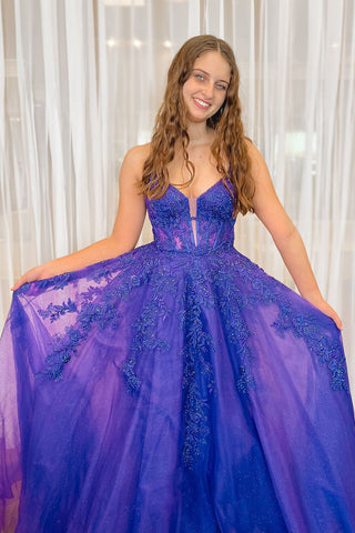 Cute V Neck Sparkly Tulle Long Prom Dress with Appliques VL24112008