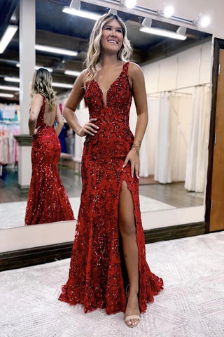 Mermaid V Neck Dark Red Sequins Lace Prom Dresses with Slit VL013103