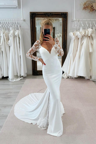 Mermaid  V Neck Long Sleeves Lace Wedding Dresses with Appliques VL4070511