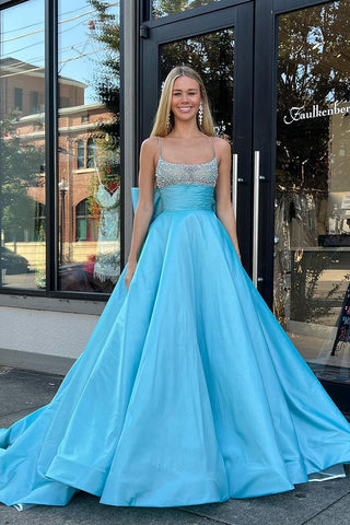 Cute Ball Gown Scoop Neck Blue Satin Prom Dress with Beading VL122312