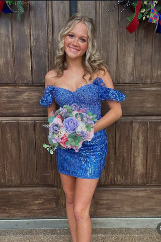 Cute Bodycon Off the Shoulder Dark Blue Sequins Homecoming Dress VL24121804