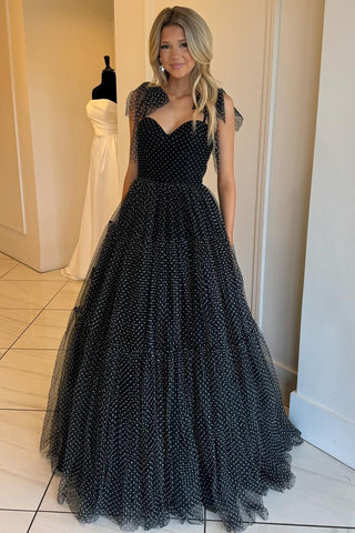 Cute A Line Sweetheart Black Dot Tulle Prom Dresses VL011005