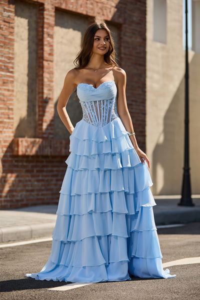 A Line Sweetheart Light Blue Chiffon Tiered Prom Dress with Slit VL25122101