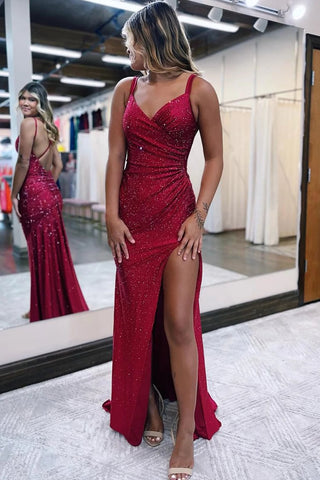 Sparkly Dark Red V Neck Beaded Long Prom Dress with Slit VL011105