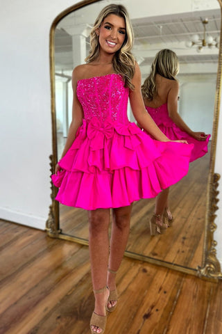 A-Line Strapless Hot Pink Ruffle Tiered Short Homecoming Dresses VL24072405