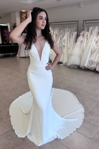 Chic Mermaid V Neck Satin Long Wedding Dresses VL2411204