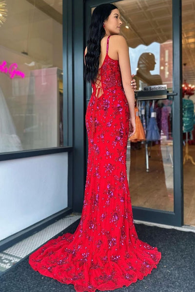 Mermaid Spaghetti Straps Red Corset Long Prom Dress VL011317