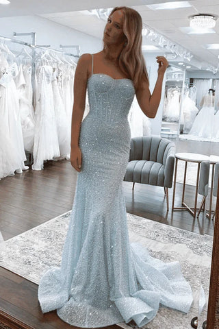 Cute Mermaid Sweetheart Light Sky Blue Sequins Long Prom Dresses