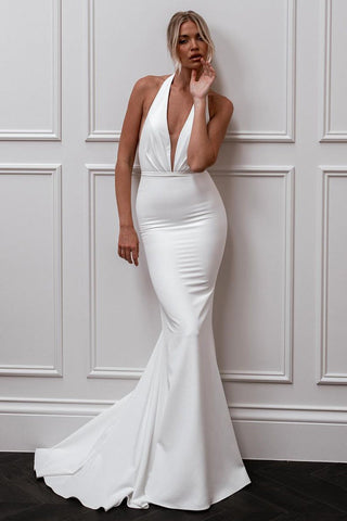 Simple Mermaid Halter Satin Long Wedding Dress VL062401