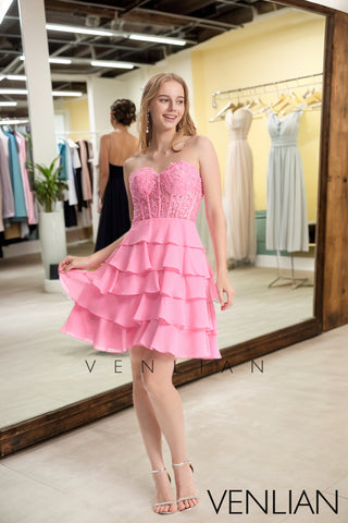 Pink A-Line Starpless Tiered Short Homecoming Dresses with Appliques VL24072202