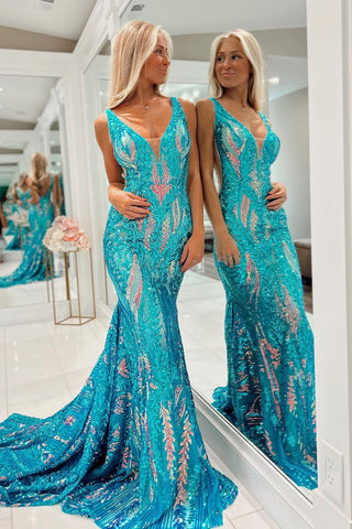 Charming Mermaid V Neck Blue Sequins Lace Prom Dress with VL122315