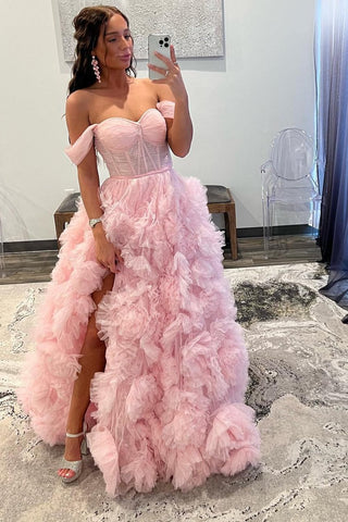 Princess A Line Off the Shoulder Pink Corset Prom Dress with Ruffles VL011349