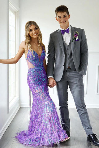 Sparkly Mermaid V Neck Purple Sequins Lace Long Prom Dress VL4060205