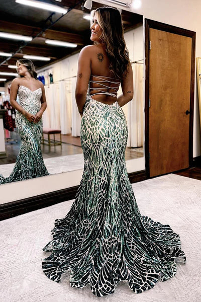 Charming Mermaid V Neck Gradient Grey Green Sequins Long Prom Dress VL012108