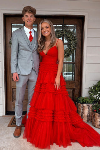 Cute Ball Gown Red Tulle Long Prom Dress VL122329