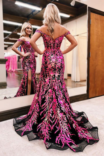 Charming Mermaid Off the Shoulder Hot Pink Sequins Lace Prom Dress VL24122403