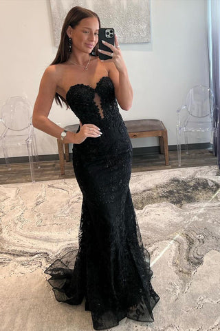 Mermaid Strapless Black Lace Prom Dresses with Beading VL24070902