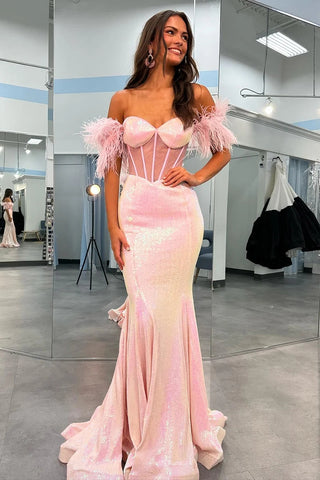 Sparkly Blush Mermaid Long Corset Prom Dress With Feather VL011713