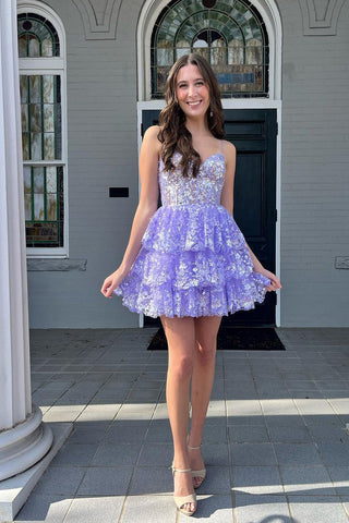 A-Line V Neck Sequin Appliques Ruffle Tiered Short Homecoming Dresses VL4062503