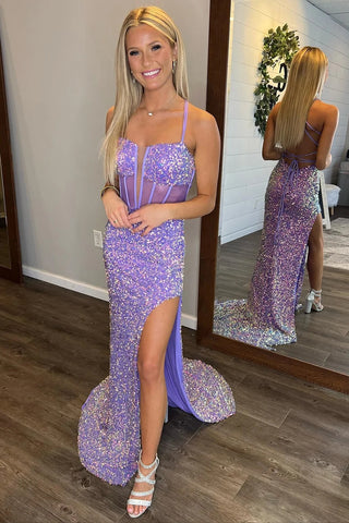 Sparkly Lilac Mermaid Long Corset Sequined Prom Dress With Slit VL011711