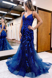 Cute Sparkly Mermaid V Neck Navy Blue Tulle Long Prom Dress with Appliques VL122332