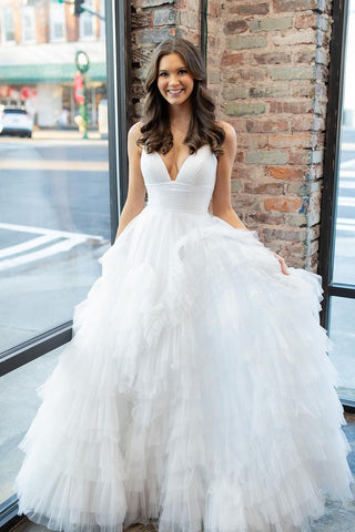 A-Line V Neck White Ruffle Tiered Tulle Long Prom Dress VL021702