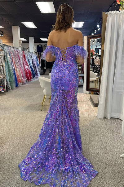 Sparkly Mermaid Off the Shoulder Purple Sequin Slit Prom Dress with Feather VL25010202