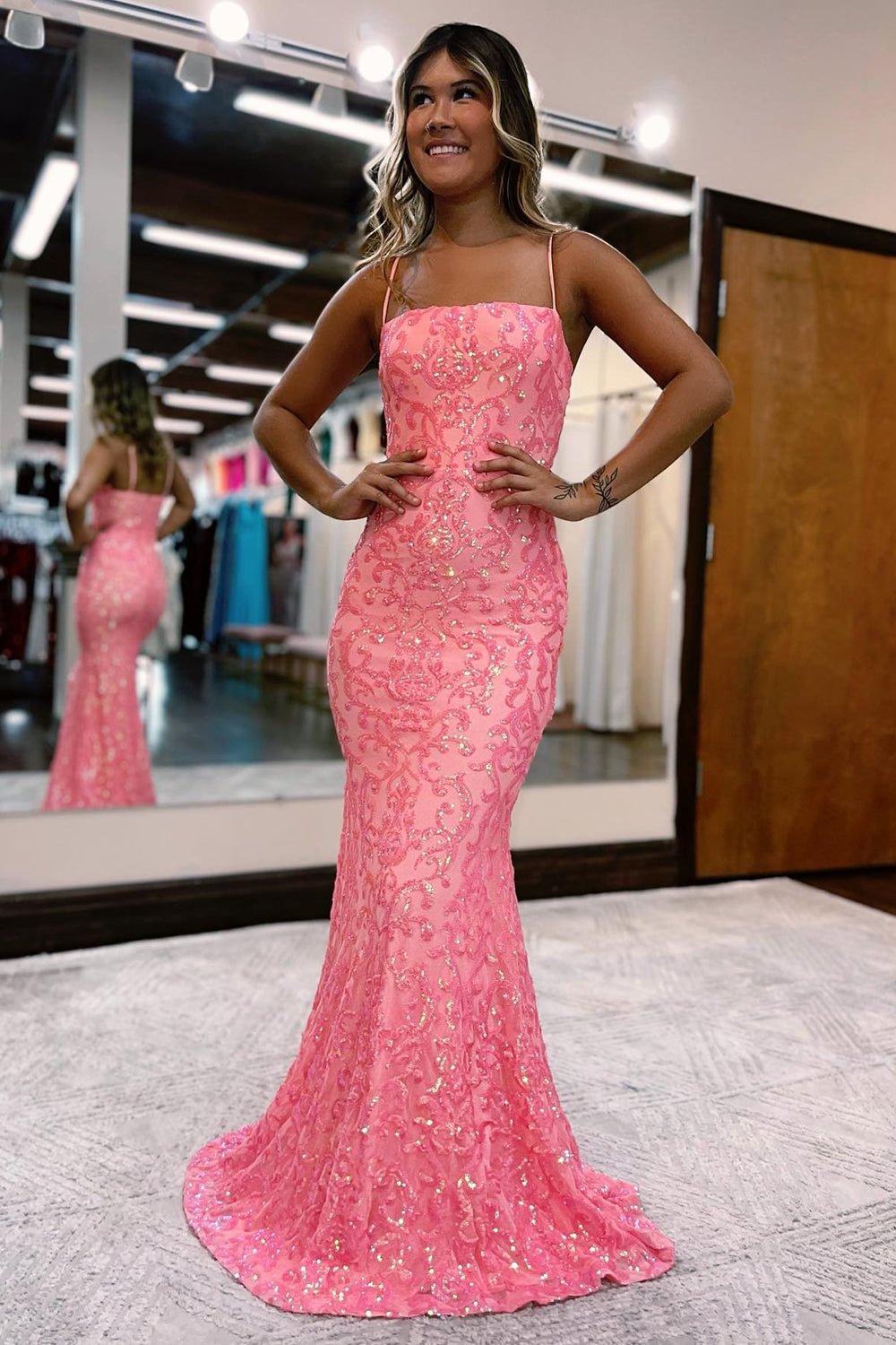 Pink Spaghetti Straps Sequins Mermaid Prom Dress VL011421